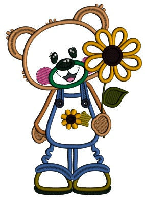 Cute Bear Holding Big Sunflower Thanksgiving Applique Machine Embroidery Design Digitized Pattern