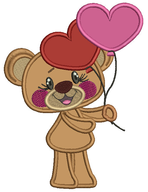 Cute Bear Holding Heart Shaped Balloons Applique Machine Embroidery Design Digitized Pattern