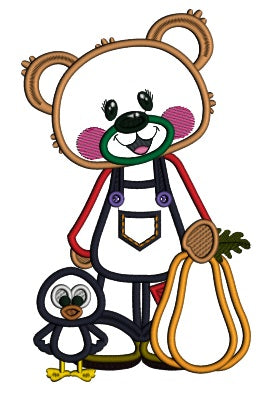 Cute Bear Holding Pumpkin With a Crow Thanksgiving Applique Machine Embroidery Design Digitized Pattern