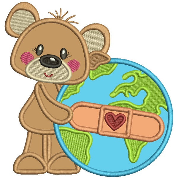 Cute Bear Hugging Globe With Bandaid Applique Machine Embroidery Design Digitized Pattern