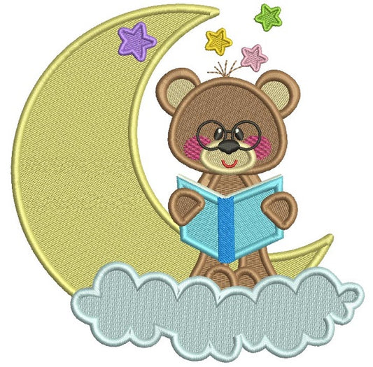 Cute Bear On The Moon Reading a Book Filled Machine Embroidery Design Digitized Pattern