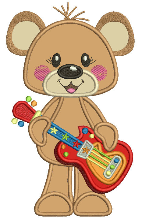 Cute Bear Playing Guitar Applique Applique Machine Embroidery Design Digitized Pattern