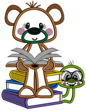 Cute Bear Reading Book School Applique Machine Embroidery Design Digitized Pattern