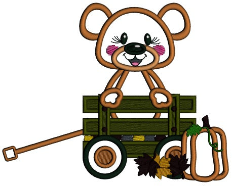 Cute Bear Sitting Inside Wagon With Fall Leaves Applique Machine Embroidery Design Digitized Pattern