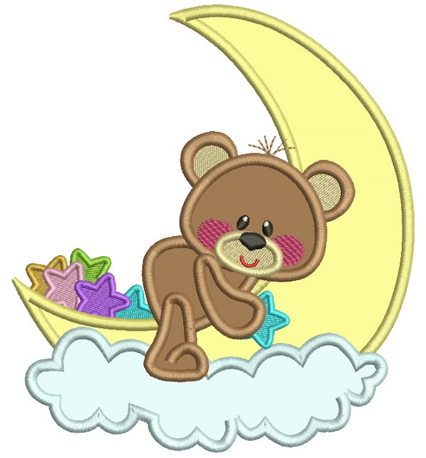 Cute Bear Sitting On The Moon Applique Machine Embroidery Design Digitized