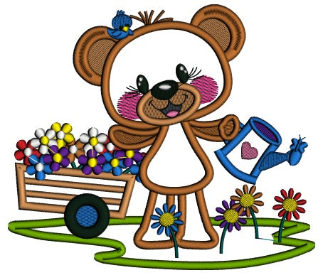 Cute Bear Watering Plants Applique Machine Embroidery Design Digitized Pattern