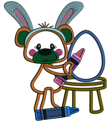 Cute Bear Wearing Bunny Ears Painting Easter Egg Applique Machine Embroidery Design Digitized Pattern