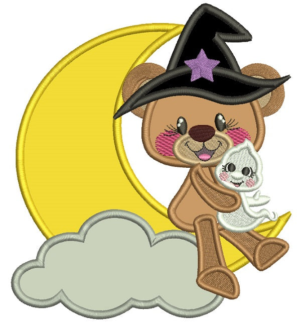 Cute Bear Wearing Wizard Hat Holding a Little Ghost Halloween Applique Machine Embroidery Design Digitized Pattern