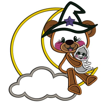 Cute Bear Wearing Wizard Hat Holding a Little Ghost Halloween Applique Machine Embroidery Design Digitized Pattern