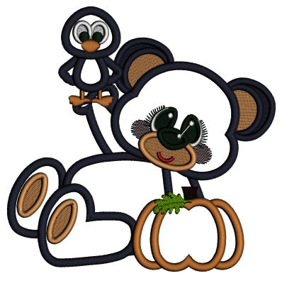 Cute Bear With Crow And Pumpkin Fall Applique Machine Embroidery Design Digitized Pattern