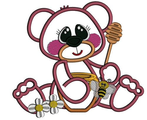 Cute Bear With Honey And a Bee Applique Machine Embroidery Design Digitized Pattern