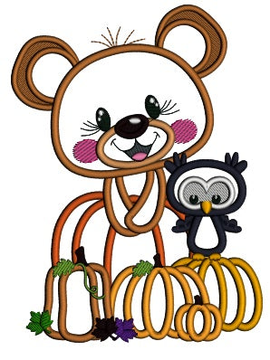 Cute Bear With Pumpkins And Owl Fall Applique Machine Embroidery Design Digitized Pattern