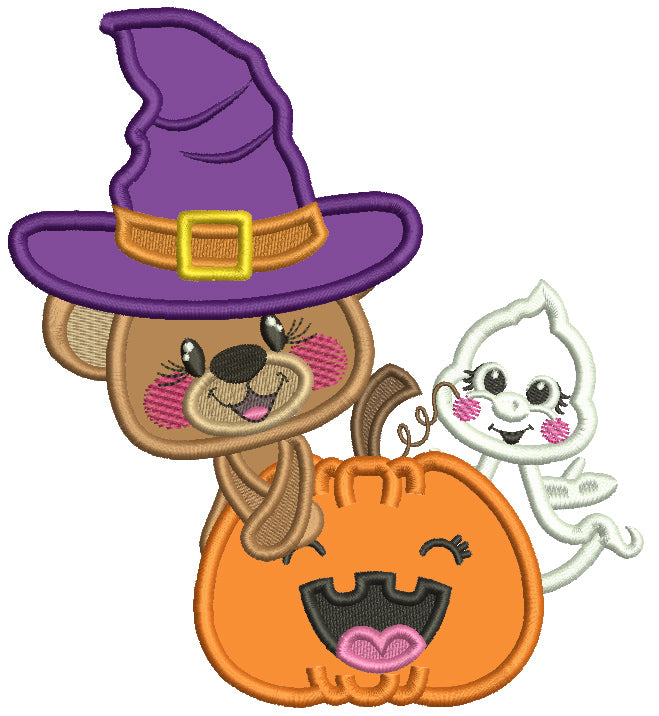 Cute Bear Wizard And a Little Ghost Holding a Smiling Pumpkin Applique Halloween Machine Embroidery Design Digitized Pattern