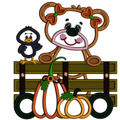 Cute Bear and Crow With Pumpkins Applique Machine Embroidery Design Digitized Pattern