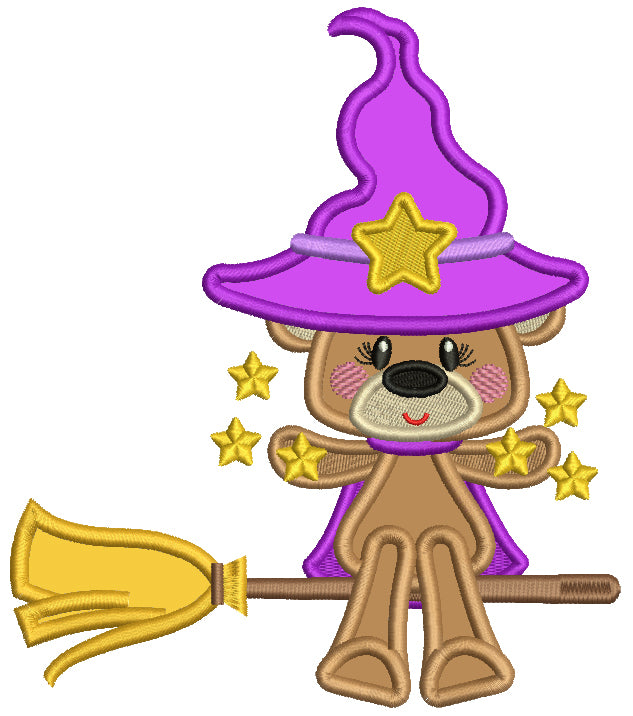 Cute Beat Witch On a Broom Halloween Applique Machine Embroidery Design Digitized Pattern