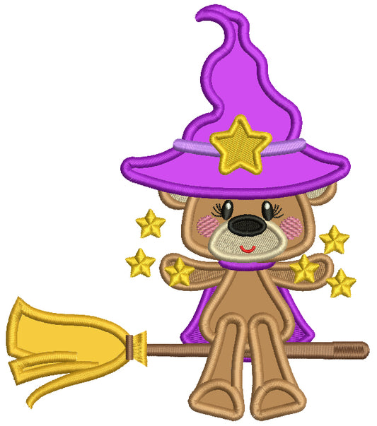 Cute Beat Witch On a Broom Halloween Applique Machine Embroidery Design Digitized Pattern