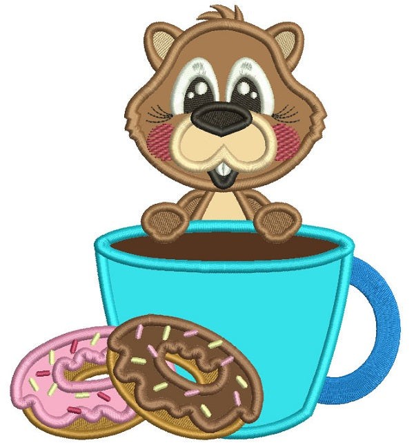 Cute Beaver Eating Donuts Applique Machine Embroidery Design Digitized Pattern