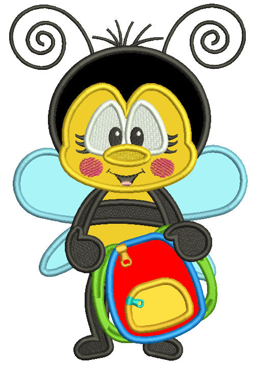 Cute Bee Holding School Backpack Applique Machine Embroidery Design Digitized Pattern