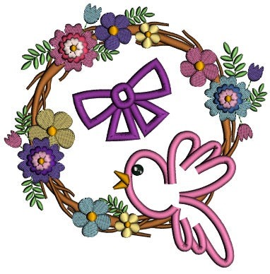 Cute Bird Sitting On a Flower Wreath Applique Machine Embroidery Design Digitized Pattern