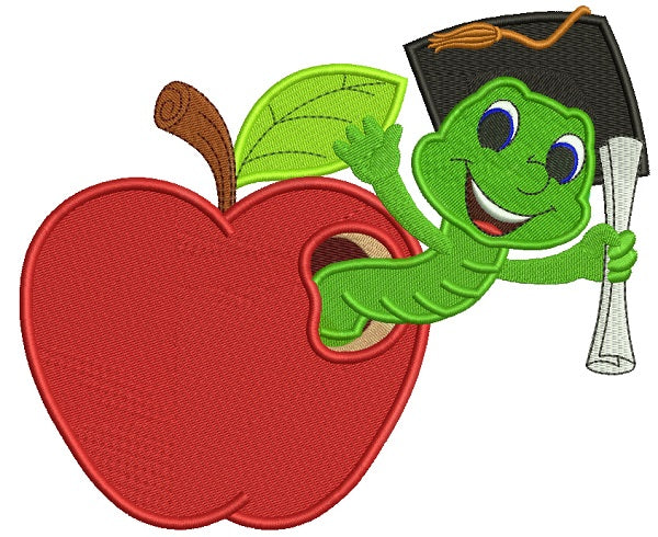 Cute Book Worm Wearing Graduation Cap Inside Apple School Filled Machine Embroidery Design Digitized Pattern
