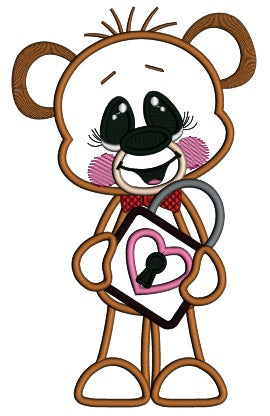 Cute Boy Bear Holding a Lock Applique Machine Embroidery Design Digitized Pattern