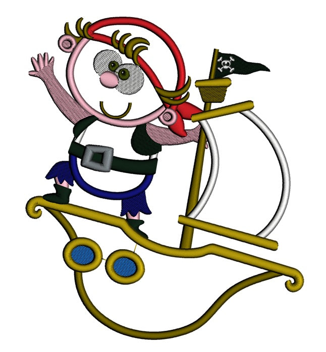 Cute Boy Pirate on a Ship Marine Applique Machine Embroidery Digitized Design Pattern