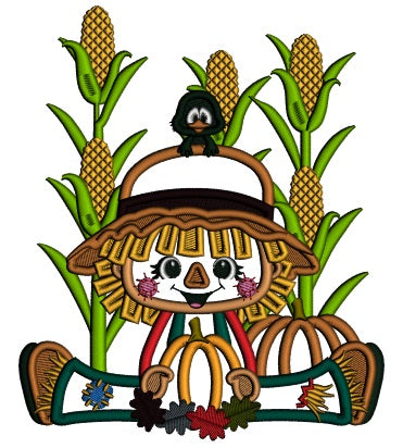 Cute Boy Sitting In The Cornfield Holding Pumpkin Thanksgiving Applique Machine Embroidery Design Digitized Pattern