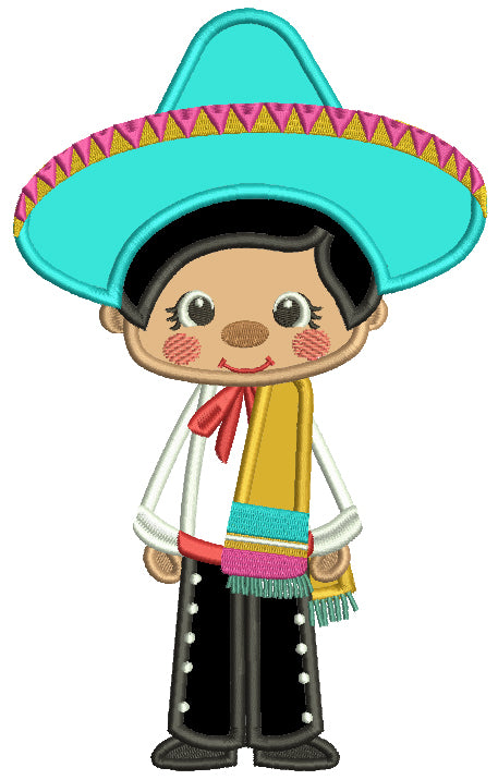 Cute Boy Wearing Big Sombrero Hat Applique Cinco de Mayo Machine Embroidery Design Digitized Pattern