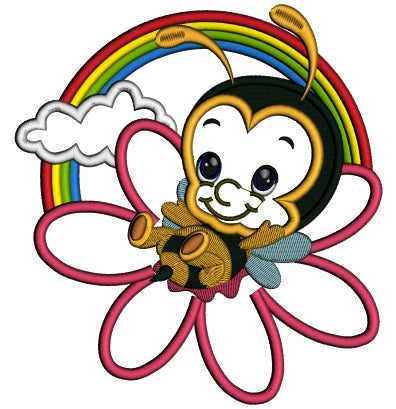 Cute Bumblebee On The Flower And Rainbow Applique Machine Embroidery Design Digitized Pattern