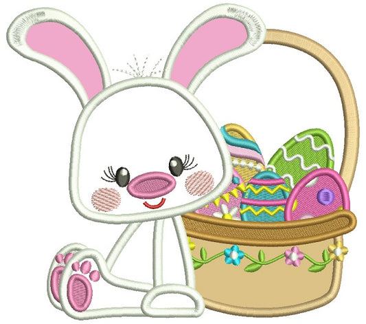 Cute Bunny Sitting Next To Basket Full Of Easter Eggs Applique Machine Embroidery Design Digitized