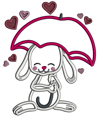 Cute Bunny Under Umbrella With Hearts Valentine's Day Applique Machine Embroidery Design Digitized Pattern