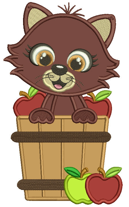 Cute Cat Sitting Inside Baskets With Apples Fall Applique Thanksgiving Machine Embroidery Design Digitized Pattern