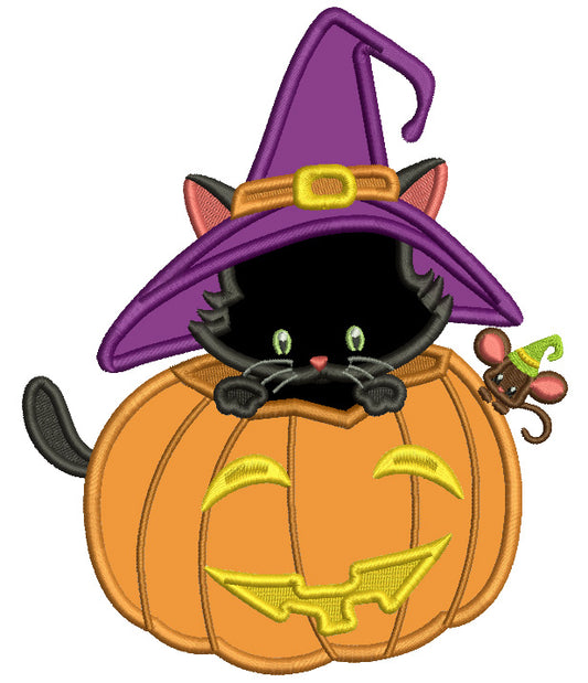Cute Cat Wearing Huge Witch's Hat Sitting Inside a Pumpkin Halloween Applique Machine Embroidery Design Digitized Pattern