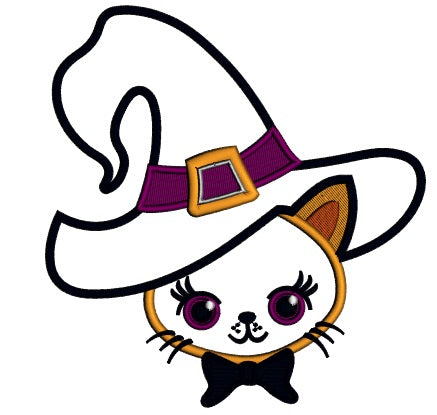 Cute Cat Wearing a Witch Hat Halloween Applique Machine Embroidery Design Digitized Pattern
