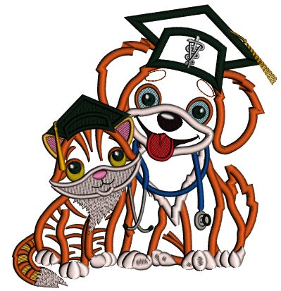 Cute Cat and Dog Wearing Graduation Caps School Applique Machine Embroidery Design Digitized Pattern