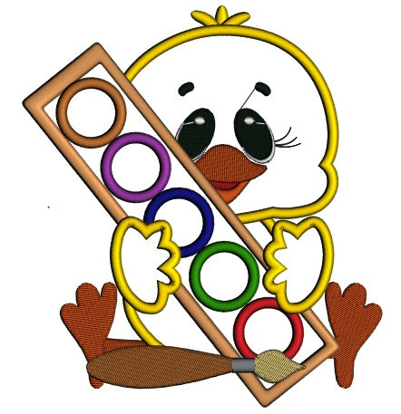 Cute Chick Holding Colors School Applique Machine Embroidery Design Digitized Pattern