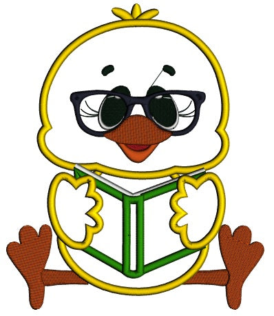 Cute Chick Reading a Book School Applique Machine Embroidery Design Digitized Pattern