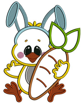Cute Chick Wearing Bunny Ears Holding a Big Carrot Easter Applique Machine Embroidery Design Digitized Pattern