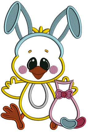 Cute Chick Wearing Bunny Ears Holding a Little Cat Easter Applique Machine Embroidery Design Digitized Pattern