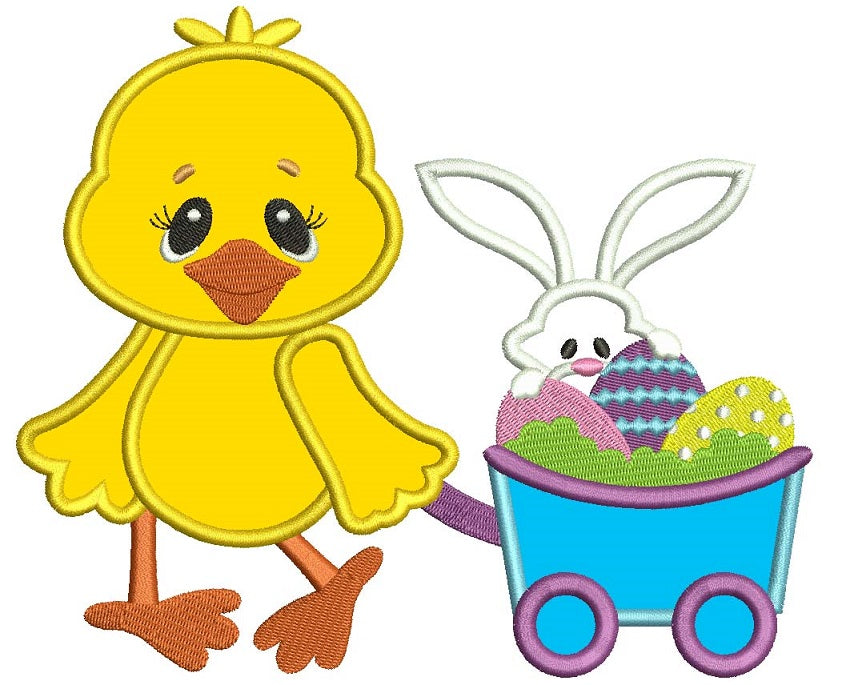 Cute Chick with Easter Bunny Applique Machine Embroidery Digitized Design Pattern