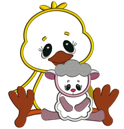 Cute Chick with a little Lamb Applique Machine Embroidery Digitized Design Pattern