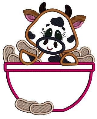 Cute Cow Sitting Inside Cooking Bowl Applique Machine Embroidery Design Digitized Pattern
