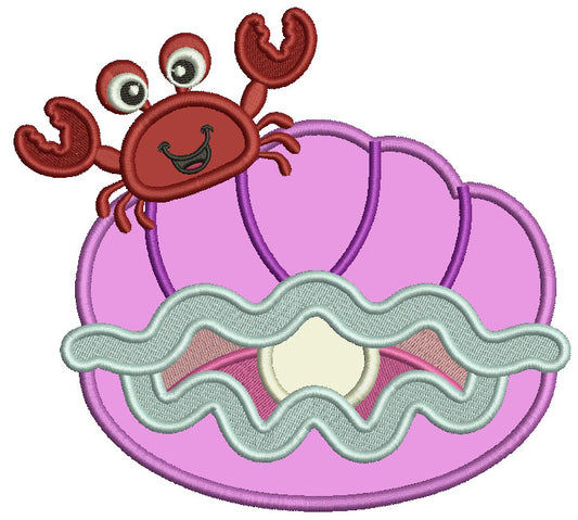 Cute Crab Sitting On The Shell With a Pearl Applique Machine Embroidery Design Digitized Pattern