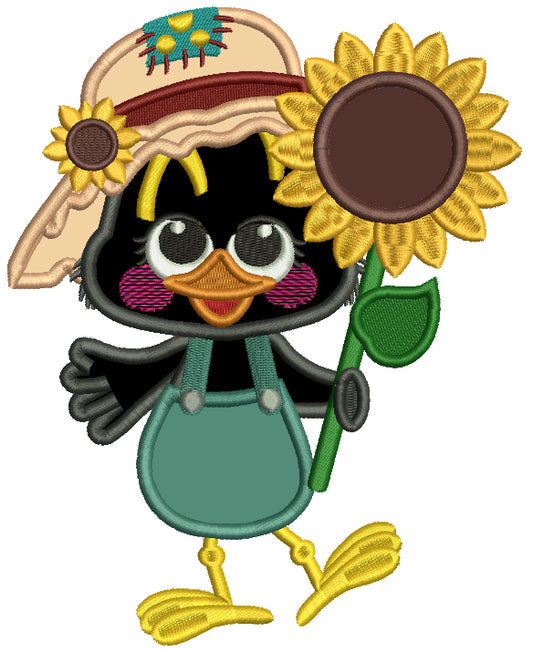 Cute Crow Holding a Sunflower Applique Filled Thanksgiving Machine Embroidery Design Digitized Pattern