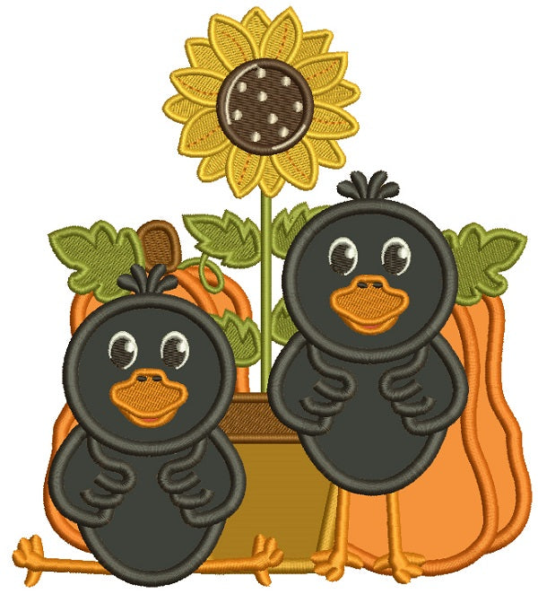 Cute Crows Sitting Next To Pumpkins Thanksgiving Applique Machine Embroidery Design Digitized Pattern