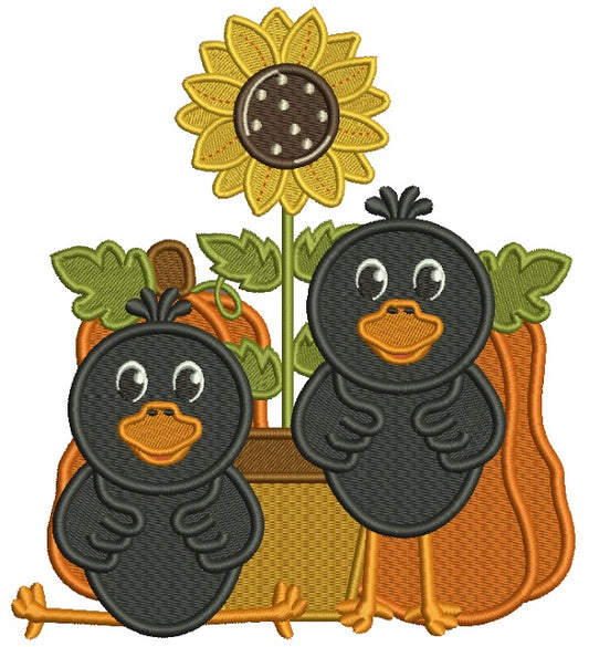 Cute Crows Sitting Next To Pumpkins Thanksgiving Filled Machine Embroidery Design Digitized Pattern