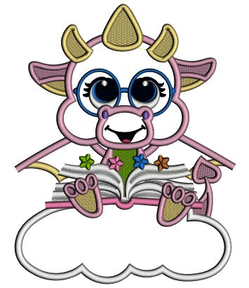 Cute Dino Sitting On The Cloud Reading a Book Applique Machine Embroidery Design Digitized Pattern