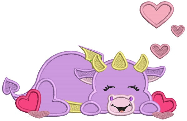 Cute Dinosaur With Hearts Applique Valentine's Day Machine Embroidery Design Digitized Pattern