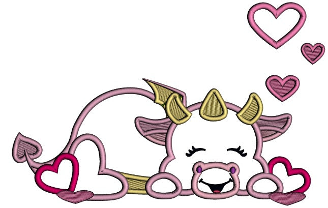 Cute Dinosaur With Hearts Applique Valentine's Day Machine Embroidery Design Digitized Pattern