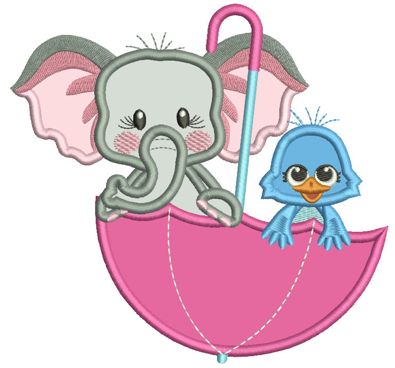 Cute Elephant And Bird Inside Umbrella Applique Machine Embroidery Design Digitized